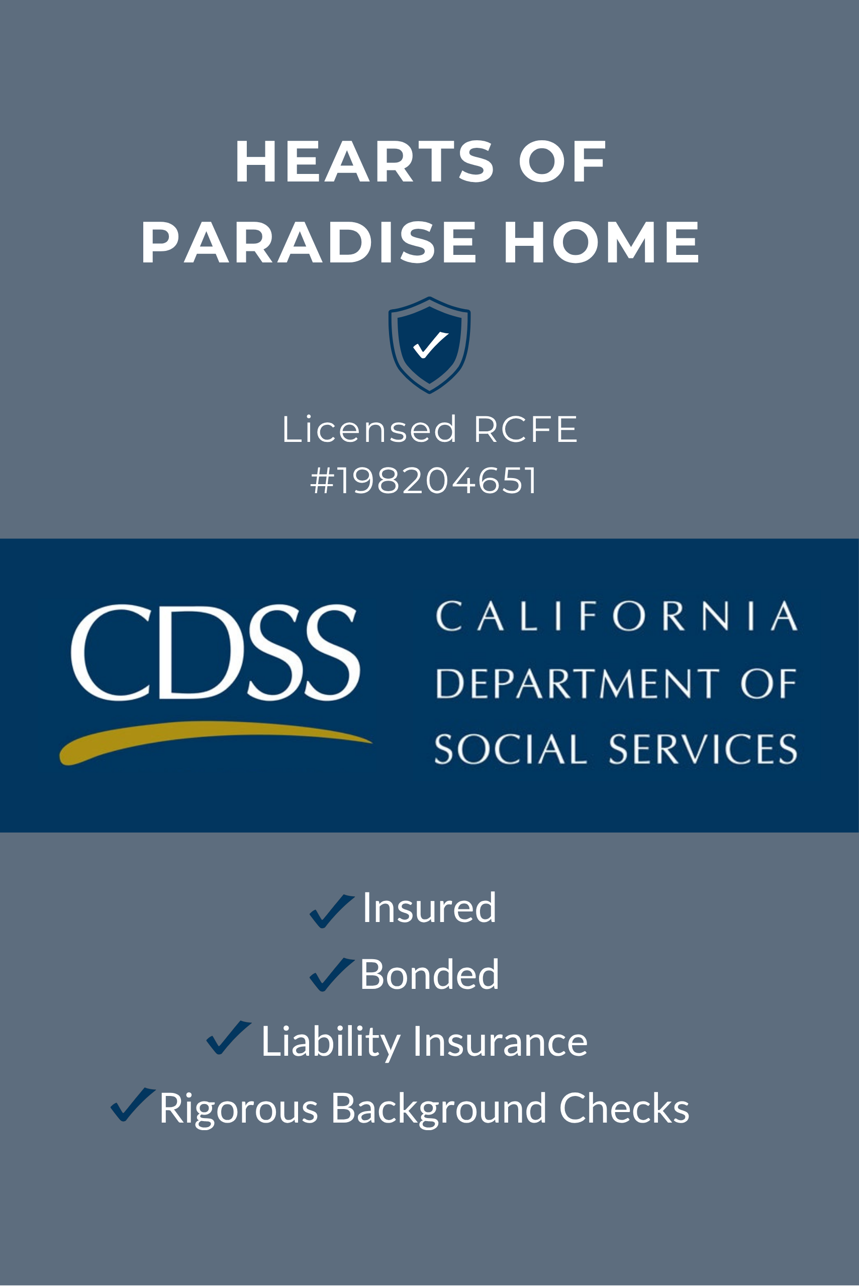 Banner of the California RCFE license of Hearts of Paradise Home.